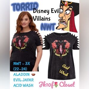🪔 NWT TORRID DISNEY EVIL VILLAINS JAFAR SLASHED/ ACID WASH TOP